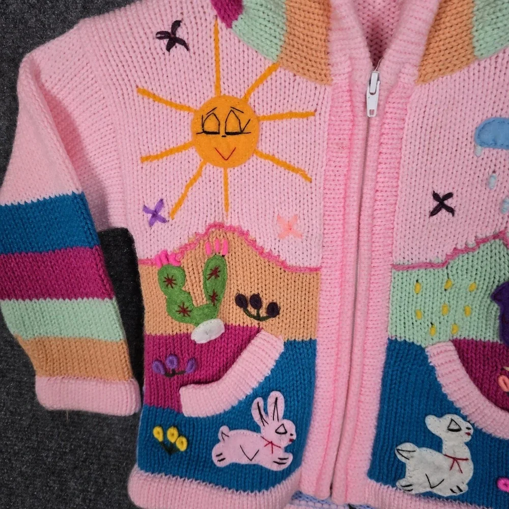 Vintage Peruvian Sweater Size 3T Boho Alpaca Zip Hoodie Hand Knit Pink